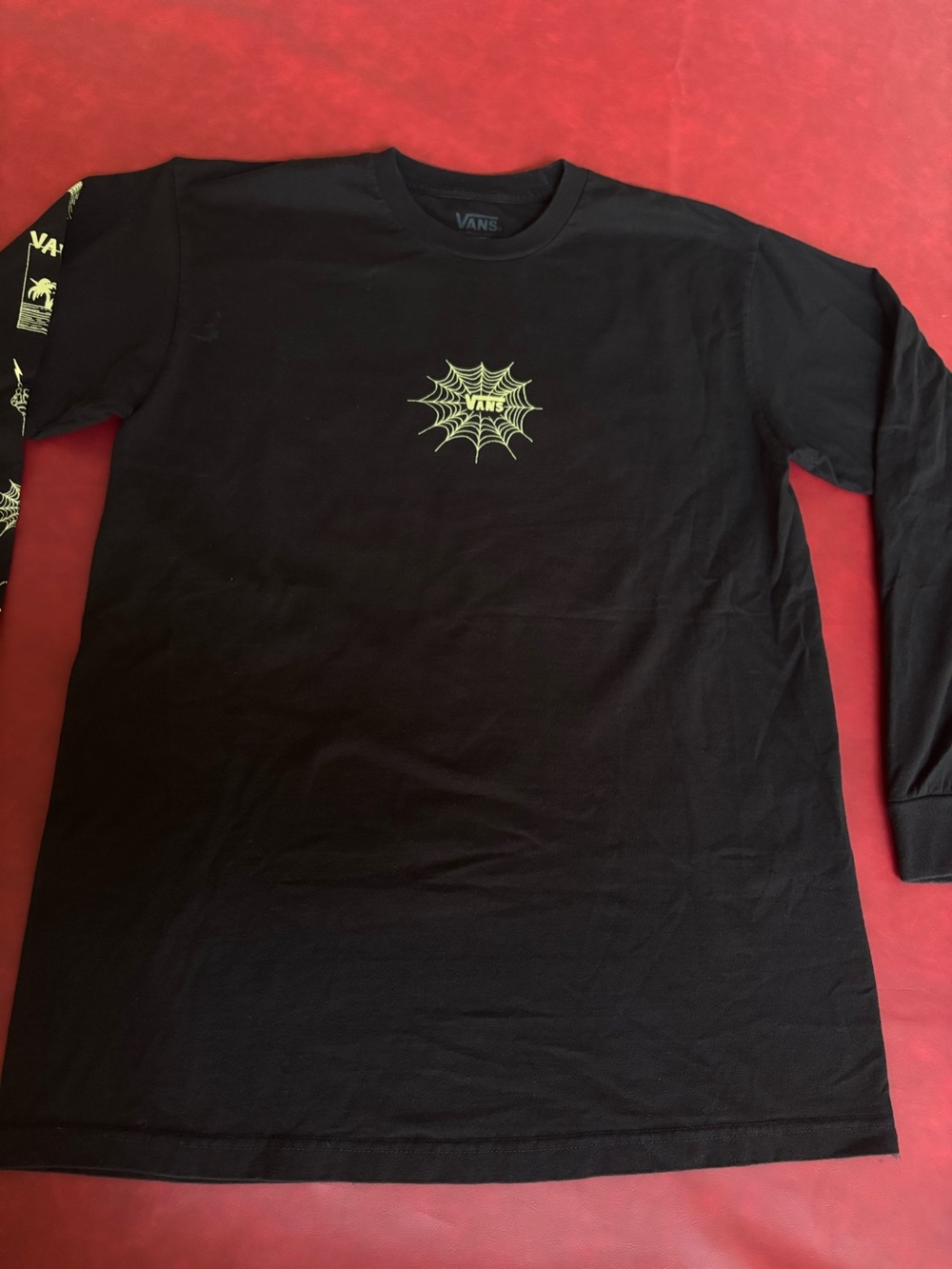 Vans Black Long Sleeve Tee with Neon Yellow Spiderweb Logo